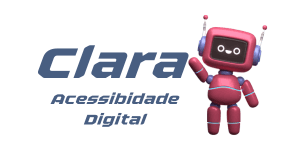 Logotipo da Clara — Robô de análise de acessibilidade do TRT12. Desenho de uma robô rosa acenando.